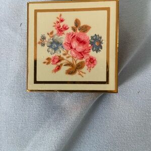 Vintage English metal enamel top pillbox with Gold Trim